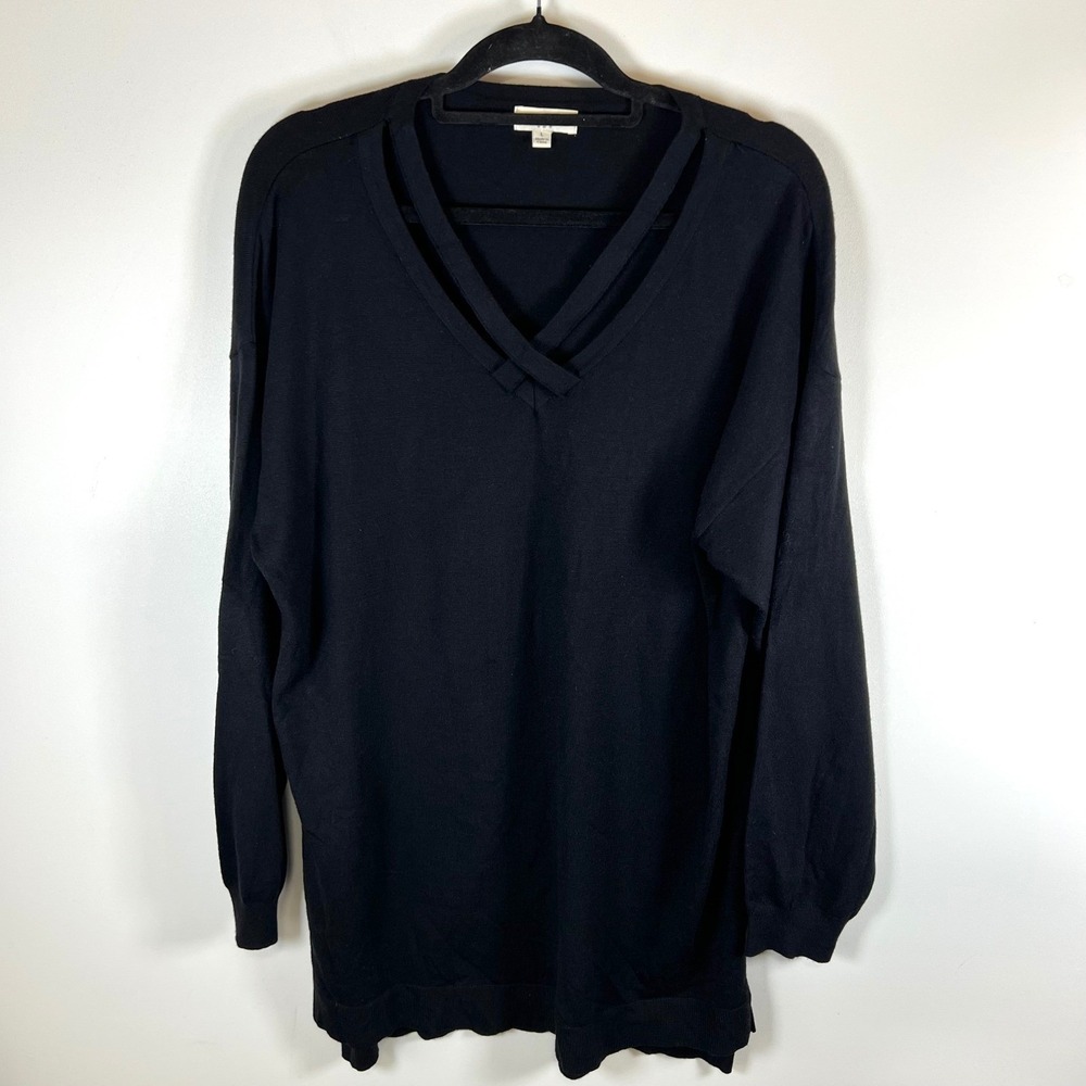 umgee USA Black V Neck Long Sleeve Sweater Top Women's Size‎ L Duster Side Slits
